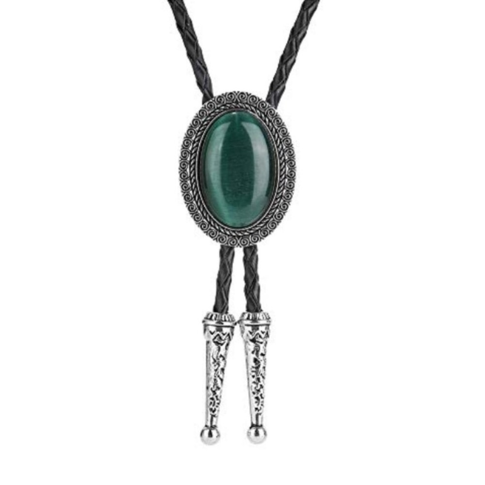 Green Cat Eye Vintage Native American Western Bolo Tie